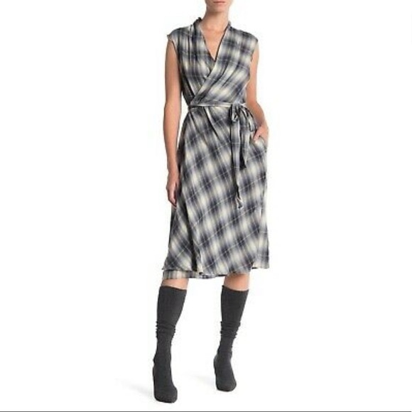 Vince Shadow Plaid Wrap Dress in Twilight - Picture 1 of 8